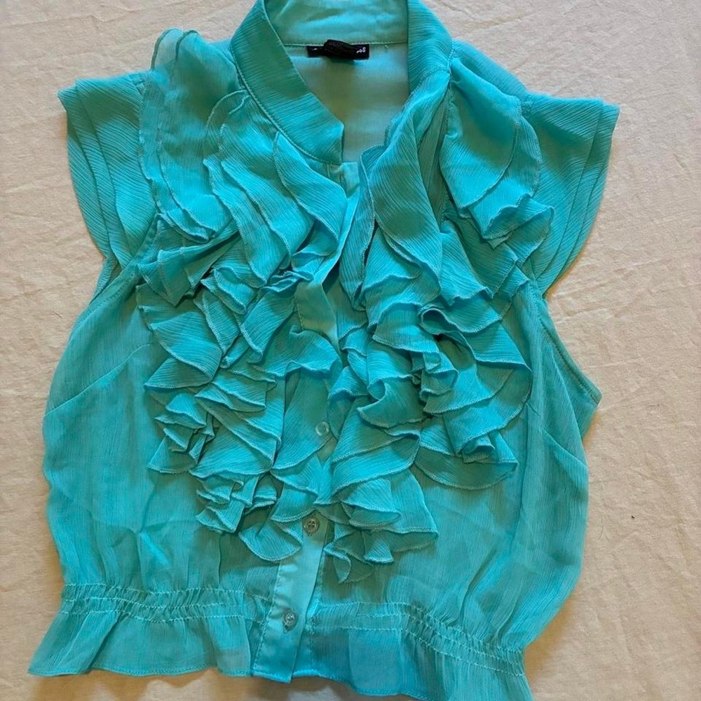Cotton Express teal polyester blouse with ruffles, size M